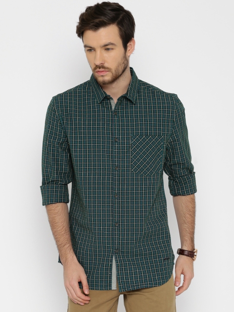 

Jack & Jones Men Teal Green & Navy Slim Fit Checked Casual Shirt