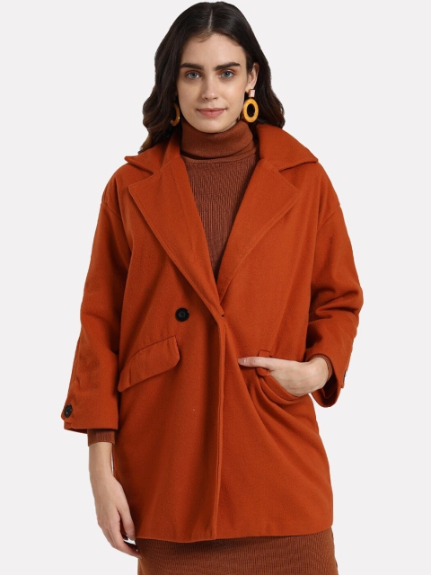 

iki chic Women Brown Solid Double-Breasted Overcoat