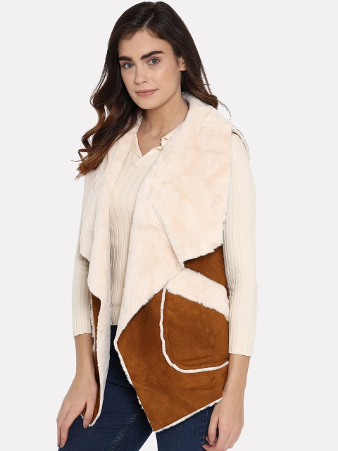 

iki chic Women Khaki Solid Suede Faux Front Open Coat