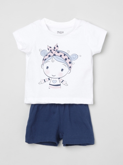 

max Girls White & Navy Blue Printed Pure Cotton Night Suit