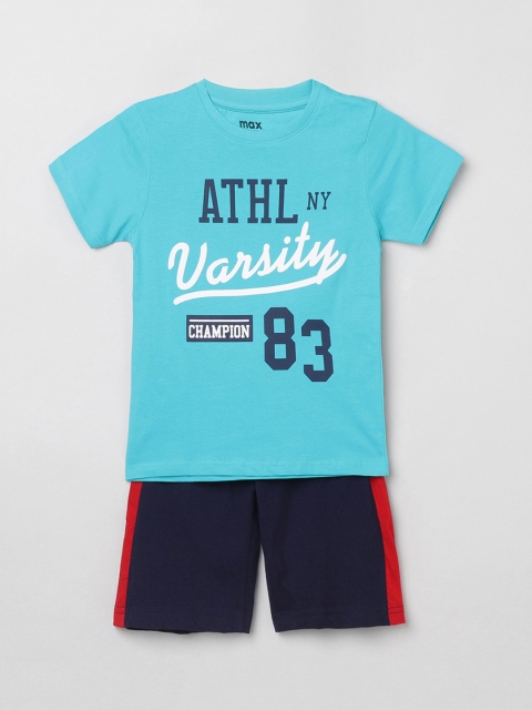 

max Boys Turquoise Blue & Black Printed Night Suit