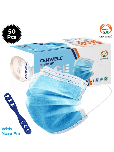 

CENWELL Unisex Pack Of 50 Blue Solid 3-Ply Disposable Surgical Face Masks