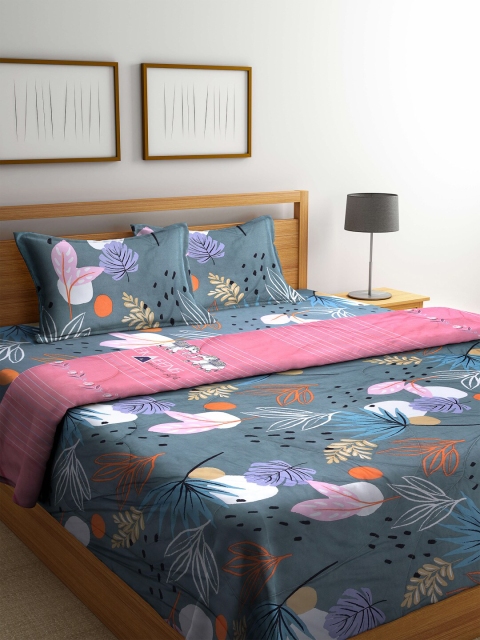 

Arrabi Green & Pink Floral Printed Superfine Double King Bedding Set