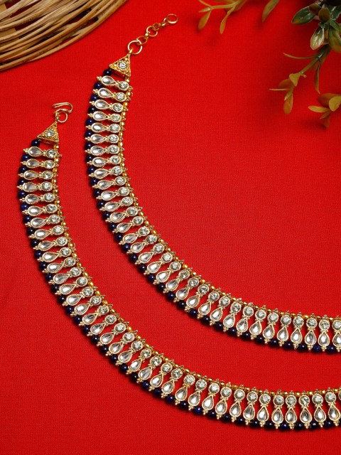 

NEUDIS Set Of 2 White & Blue Gold-Plated Kundan-Studded Handcrafted Anklets