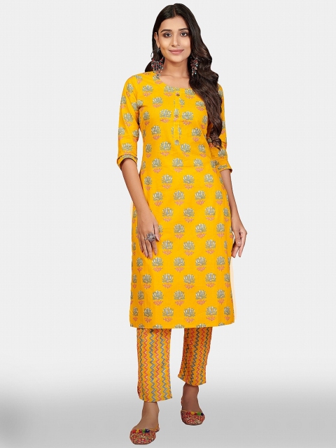

Vbuyz Women Yellow Ethnic Motifs Printed Regular Pure Cotton Kurta with Trousers