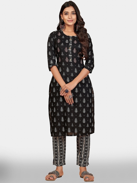

Vbuyz Women Black Printed Pure Cotton Kurta with Trousers
