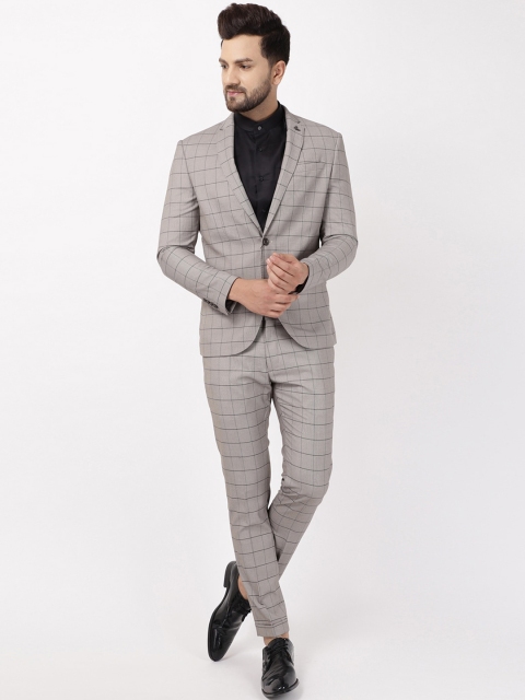 

Blackberrys Men Beige & Grey Checked Skinny-Fit Single-Breasted Two-Piece Formal Suit