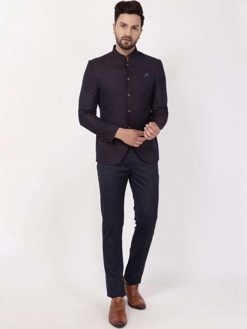 

Blackberrys Men Brown & Navy-Blue Self-Design Slim-Fit 2-Piece Bandhgala Suit