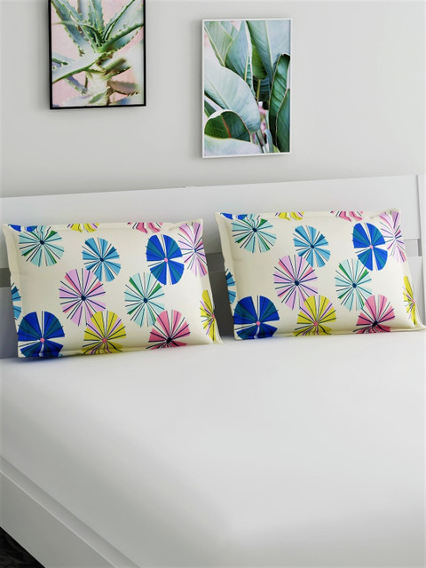 

Salona Bichona Set Of 2 Beige & Blue Printed 144TC Pillow Covers