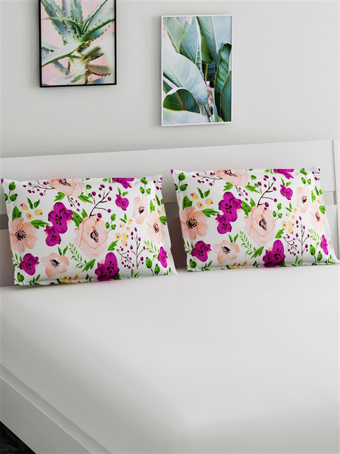 

Salona Bichona Set Of 2 White & Pink Floral Printed 144TC Pillow Covers