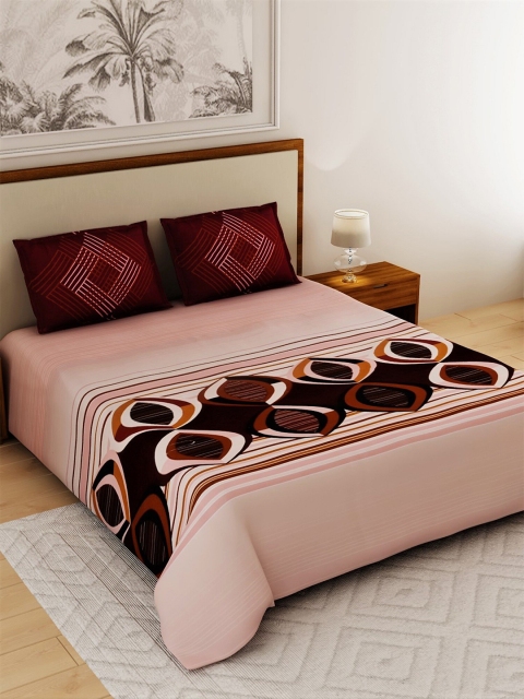 

Salona Bichona Pink & Brown Geometric 120 TC Pure Cotton Satin King Bedsheet Set