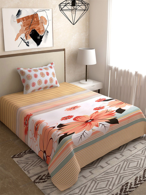 

Salona Bichona Orange & Beige Floral 144 TC Single Bedsheet with 1 Pillow Covers