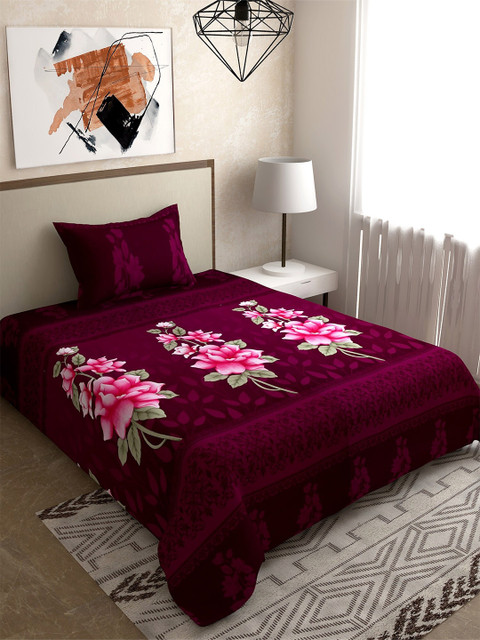 

Salona Bichona Pink & Green Printed 120 TC Pure Cotton Single Bedsheet with 1 Pillow Cover