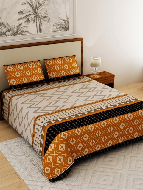 

Salona Bichona Mustard & Beige 120 TC Cotton Satin King Bedsheet with 2 Pillow Covers