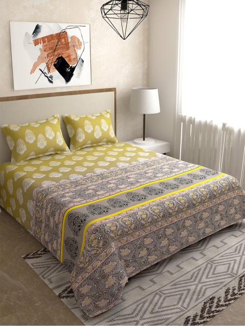 

Salona Bichona Green & Grey Ethnic Motifs 180 TC Pure Cotton Queen Bedsheet Set