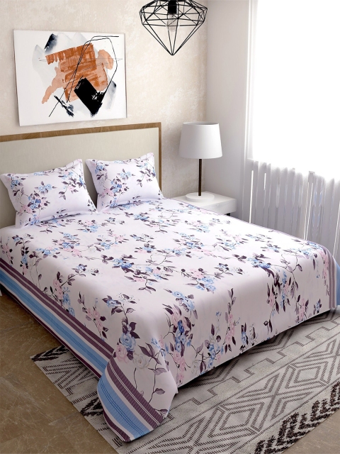 

Salona Bichona White & Blue Floral 180 TC Queen Bedsheet with 2 Pillow Covers