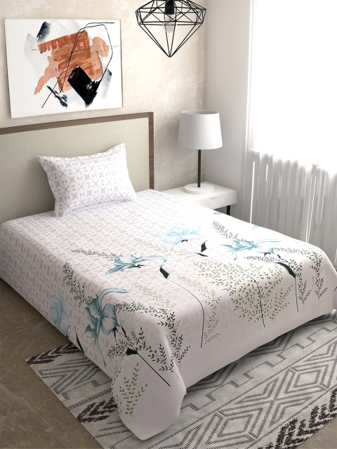 

Salona Bichona White & Green Floral 180 TC Single Bedsheet with 1 Pillow Covers