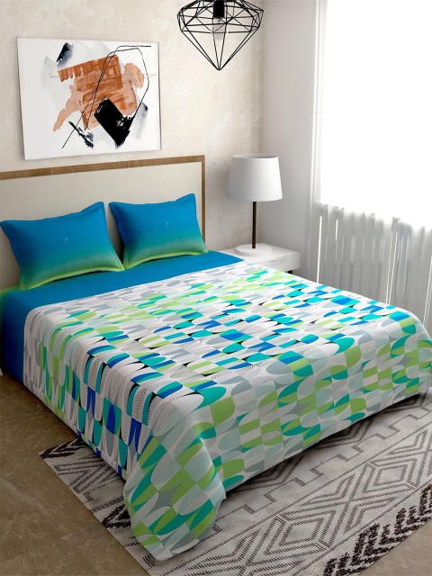 

Salona Bichona Blue Geometric 144 TC Cotton 1 Queen Bedsheet with 2 Pillow Covers