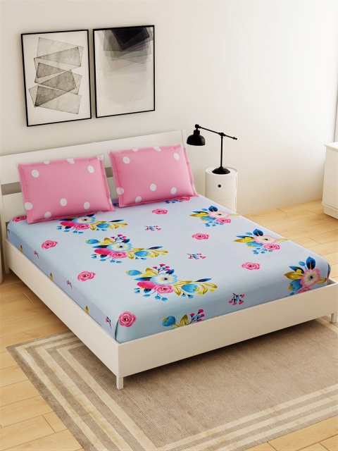 

Salona Bichona Blue & Pink Floral Printed 144 TC Queen Bedsheet with 2 Pillow Covers