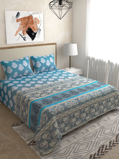 

Salona Bichona Blue & Grey Pure Cotton Printed 180 TC Queen Bedsheet with 2 Pillow Covers