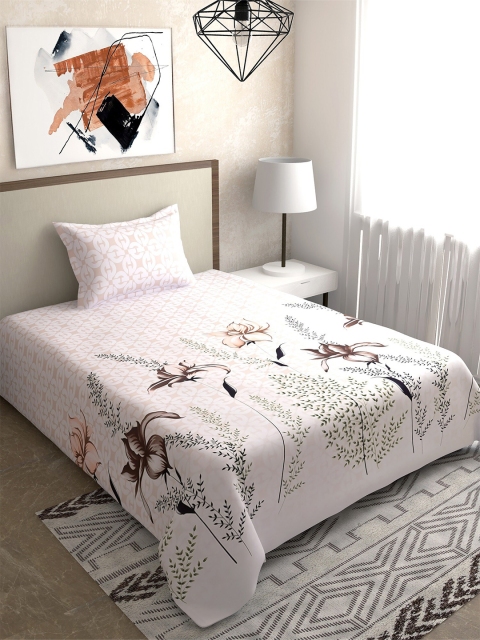 

Salona Bichona White Floral Printed 180 TC Cotton 1 Single Bedsheet with 1 Pillow Cover