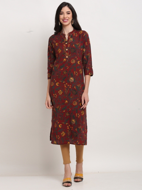 

Rajnandini Women Maroon & Yellow Floral Pure Cotton Printed Kurta