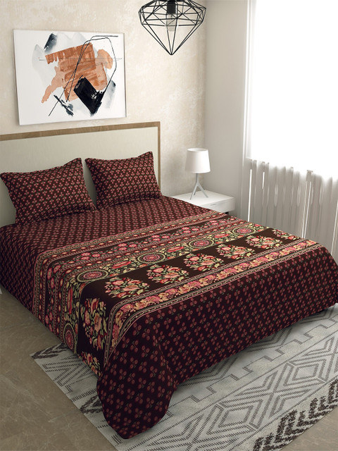 

Salona Bichona Brown & Pink Printed Pure Cotton 120 TC King Bedsheet with 2 Pillow Covers