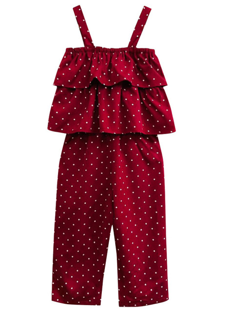 

A.T.U.N. Girls Maroon & White Printed Shoulder Straps Basic Jumpsuit with Ruffles