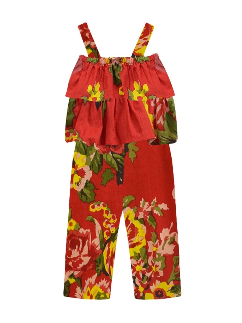 

A T U N Girls Red & Green Printed Basic Jumpsuit