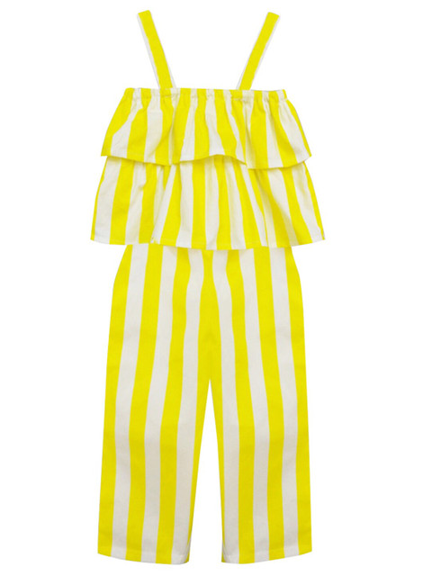 

A.T.U.N. Girls Yellow & White Striped Cotton Basic Jumpsuit with Ruffles