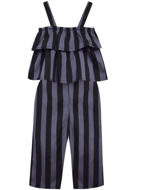 

A T U N Girls Grey & Black Striped Basic Jumpsuit with Layered