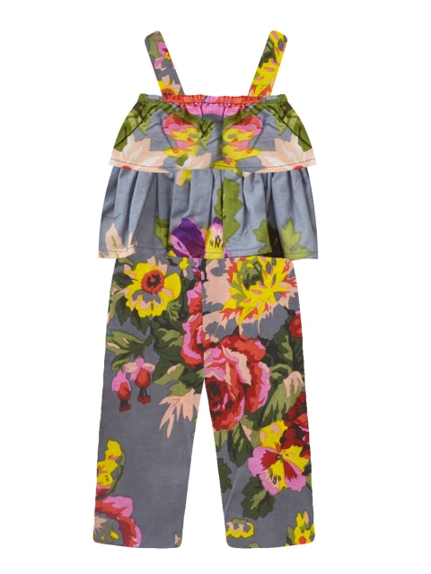 

A.T.U.N. Girls Grey & Yellow Floral Printed Pure Cotton Basic Jumpsuit