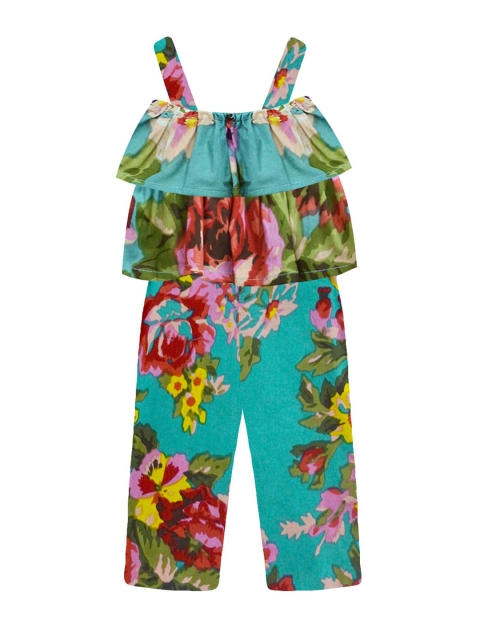 

A.T.U.N. Girls Teal & Green Floral Printed Pure Cotton Ruffle Basic Jumpsuit