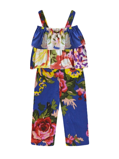 

A T U N Girls Blue & Green Printed Basic Jumpsuit