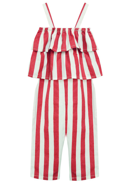 

A T U N Girls Red & White Striped Basic Jumpsuit