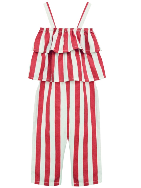 

A.T.U.N. Girls Red & White Striped Pure Cotton Basic Jumpsuit