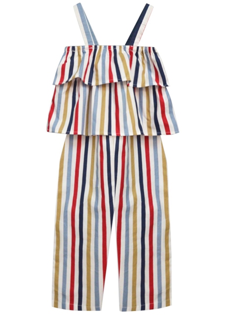 

A T U N Girls White & Red Striped Basic Jumpsuit