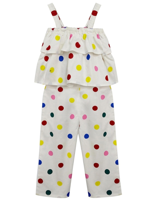 

A.T.U.N. Girls Off White & Yellow Printed Basic Jumpsuit with Ruffles