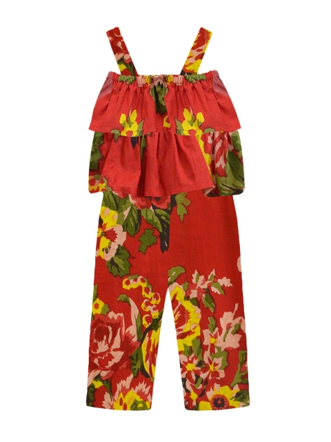 

A T U N Girls Red & Green Floral Printed Pure Cotton Basic Jumpsuit with Layered