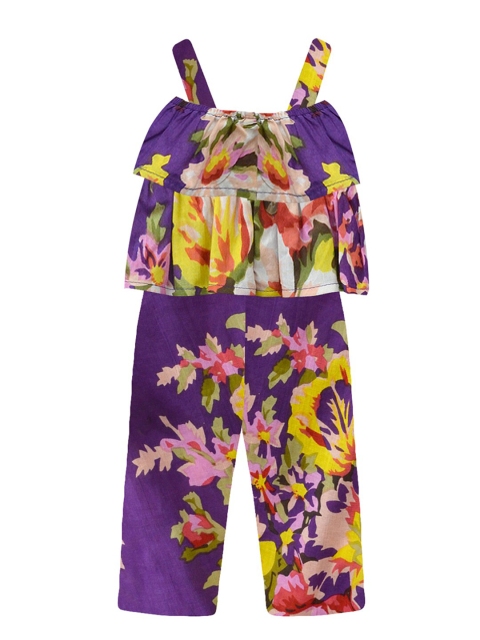 

A T U N Girls Purple & Yellow Printed Pure Cotton Basic Jumpsuit with Layered