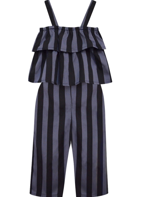 

A T U N Girls Grey & Black Off-Shoulder Striped Culotte Jumpsuit