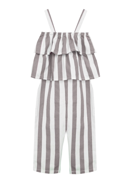 

A.T.U.N. Girls Grey & White Striped Basic Jumpsuit with Ruffles