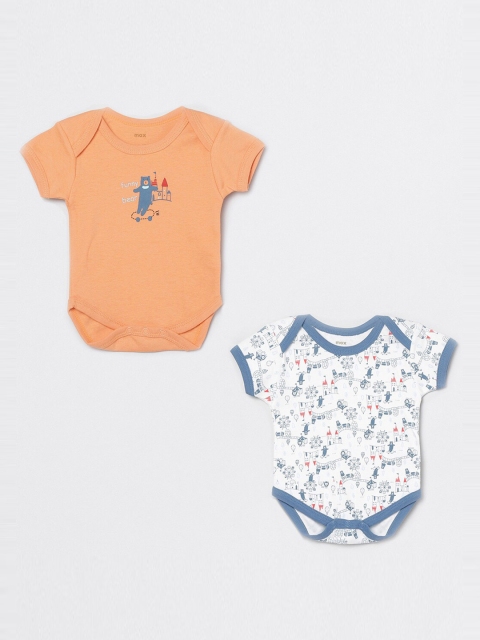 

max Boys Orange & White Pack of 2 Printed Pure Cotton Bodysuit