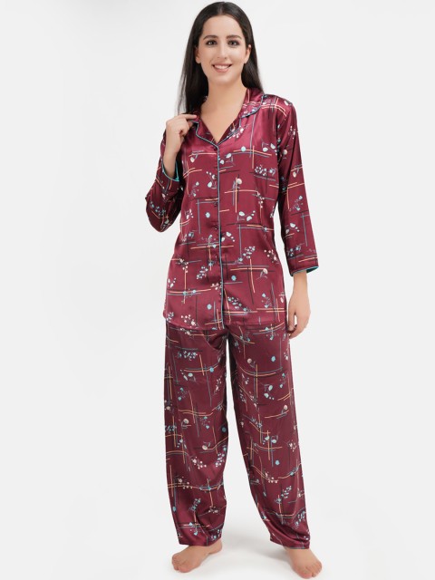 

KOI SLEEPWEAR Women Maroon & Blue Printed Night suit