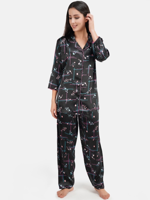 

KOI SLEEPWEAR Women Black & Pink Printed Satin Night Suit