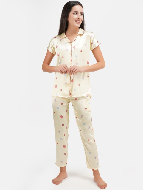 

KOI SLEEPWEAR Women Yellow & Pink Graphic Printed Satin Night Suit