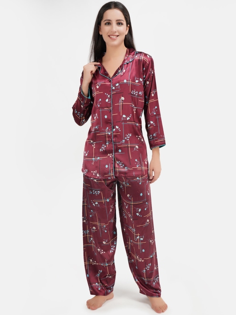 

KOI SLEEPWEAR Women Maroon & Blue Printed Night suit