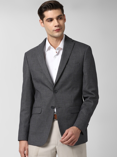 

Peter England Elite Men Black & Grey Checked Single-Breasted Slim-Fit Formal Blazer