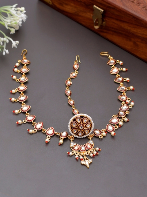 

Silvermerc Designs Gold-Plated Red & White Stone-Studded & Beaded Borla Mathapatti