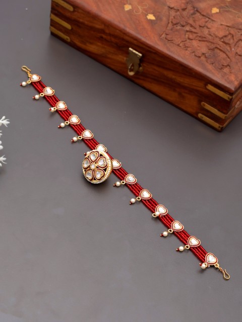 

Silvermerc Designs Red & White Gold-Plated Stone-Studded & Pearl Beaded Borla Mathapatti
